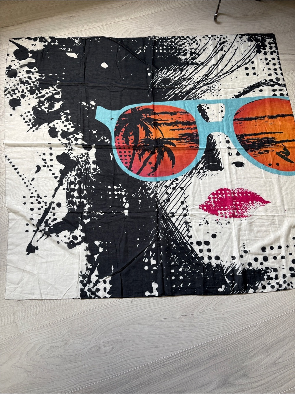 Graphic Palm-Print Sunglasses Scarf in Black, Turquoise & Orange